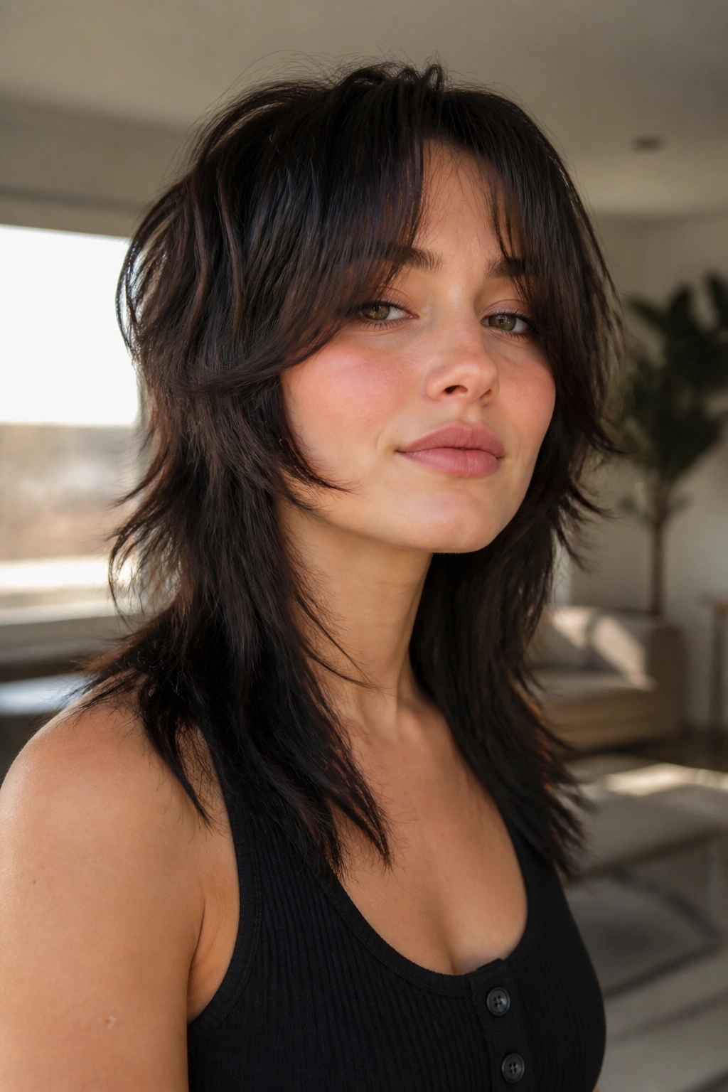 Close-up of real woman with bottleneck bangs and shaggy mullet in warm window-lit room.