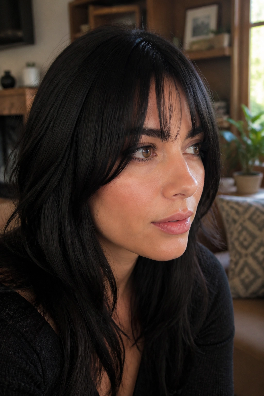 Close-up of a real woman with bottleneck bangs narrowing at the brow