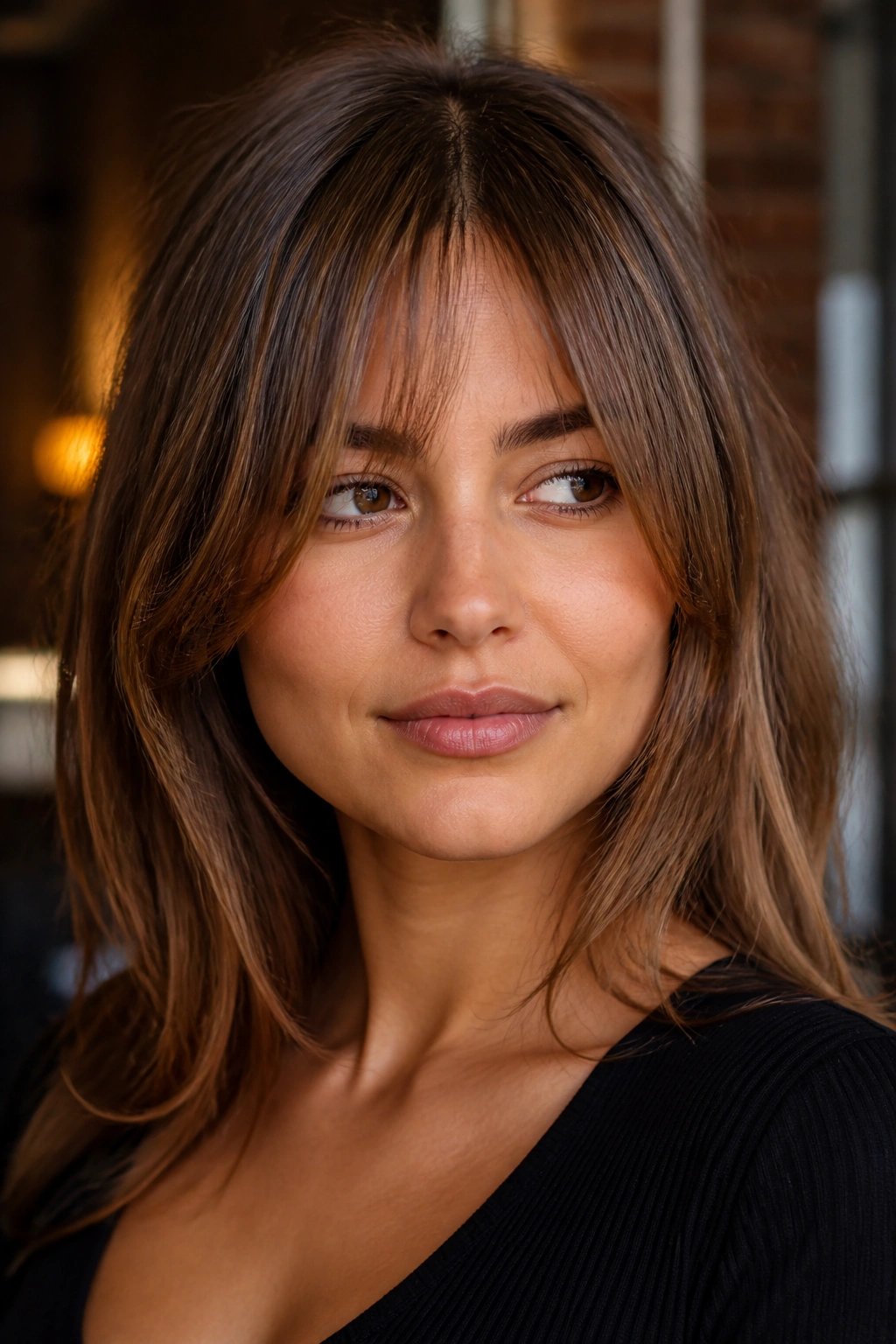 Real woman with bottleneck bangs featuring a narrow center