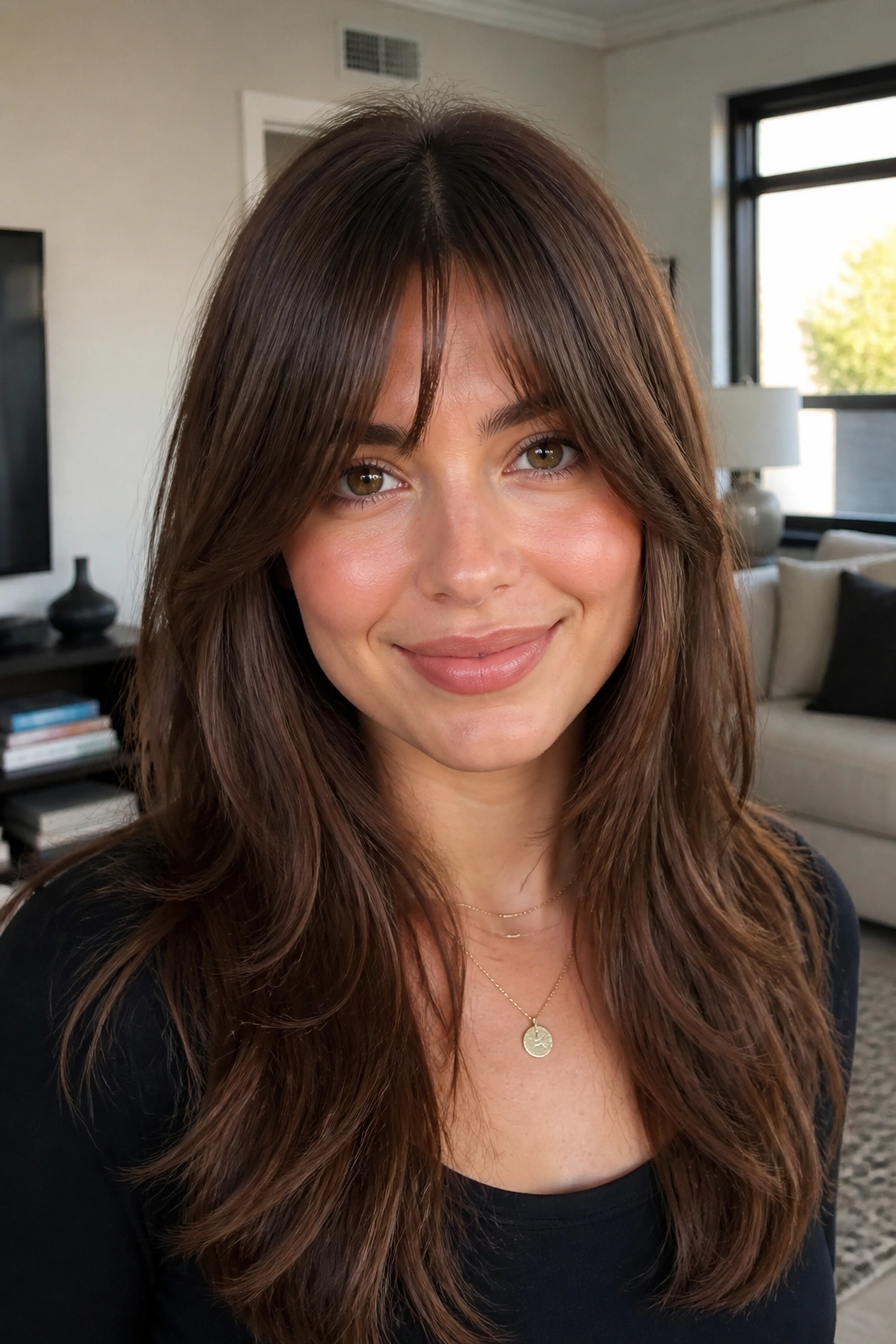 Real woman with bottleneck bangs narrow center in a living room