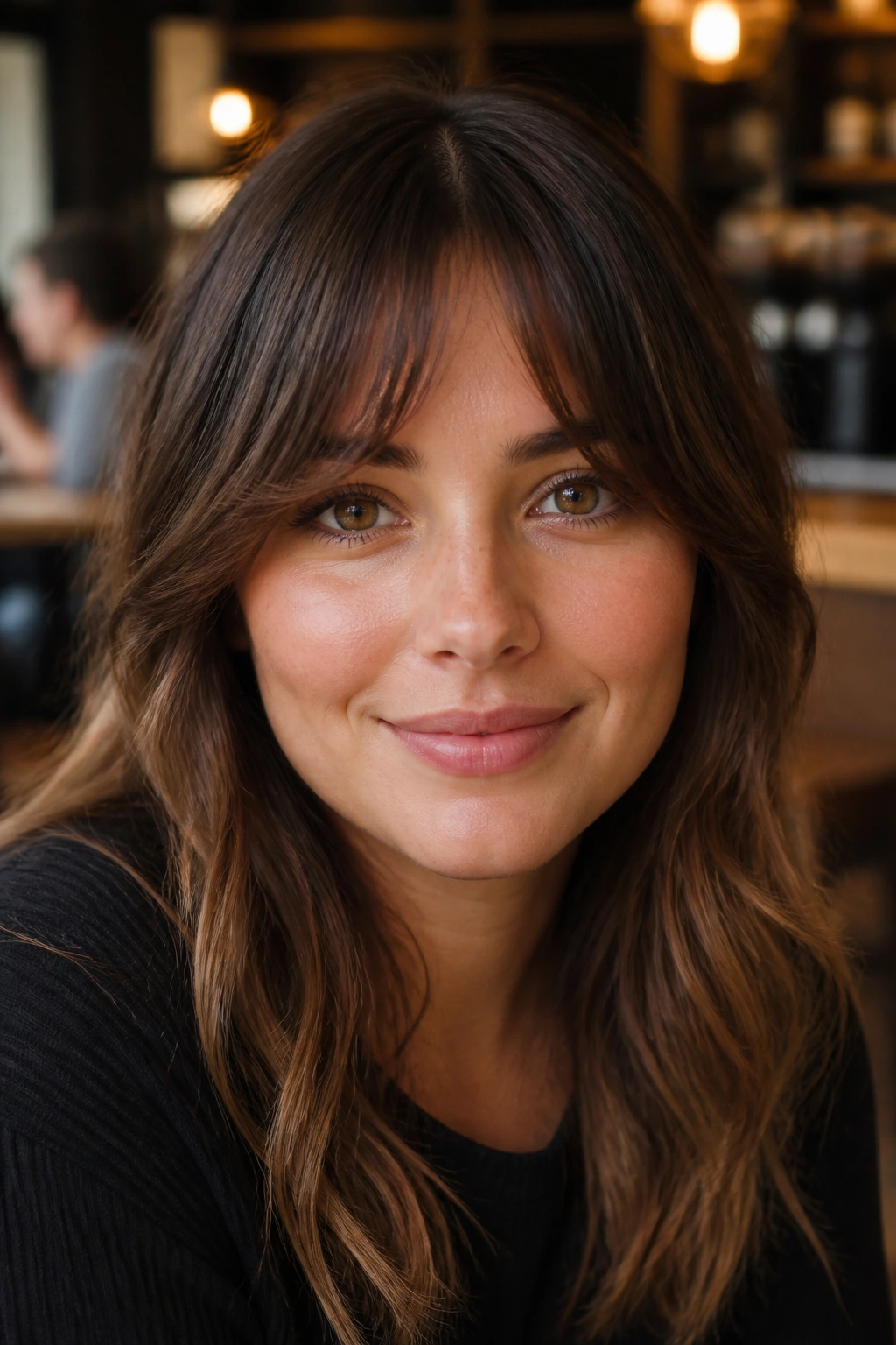 Portrait of a woman with bottleneck bangs featuring a narrow center