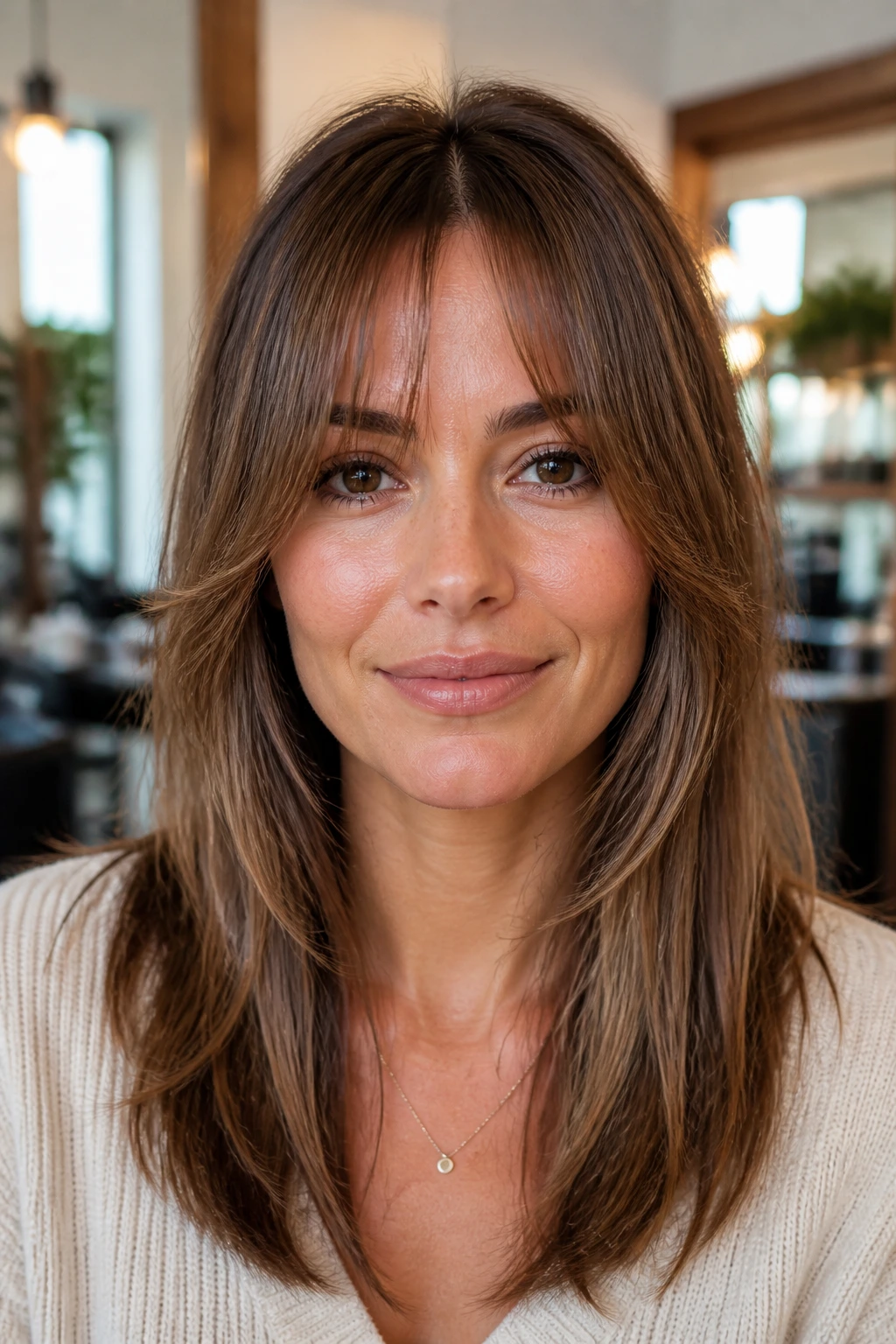 Close-up of Bottleneck Bangs With a Narrow Center on a real woman in a boutique salon