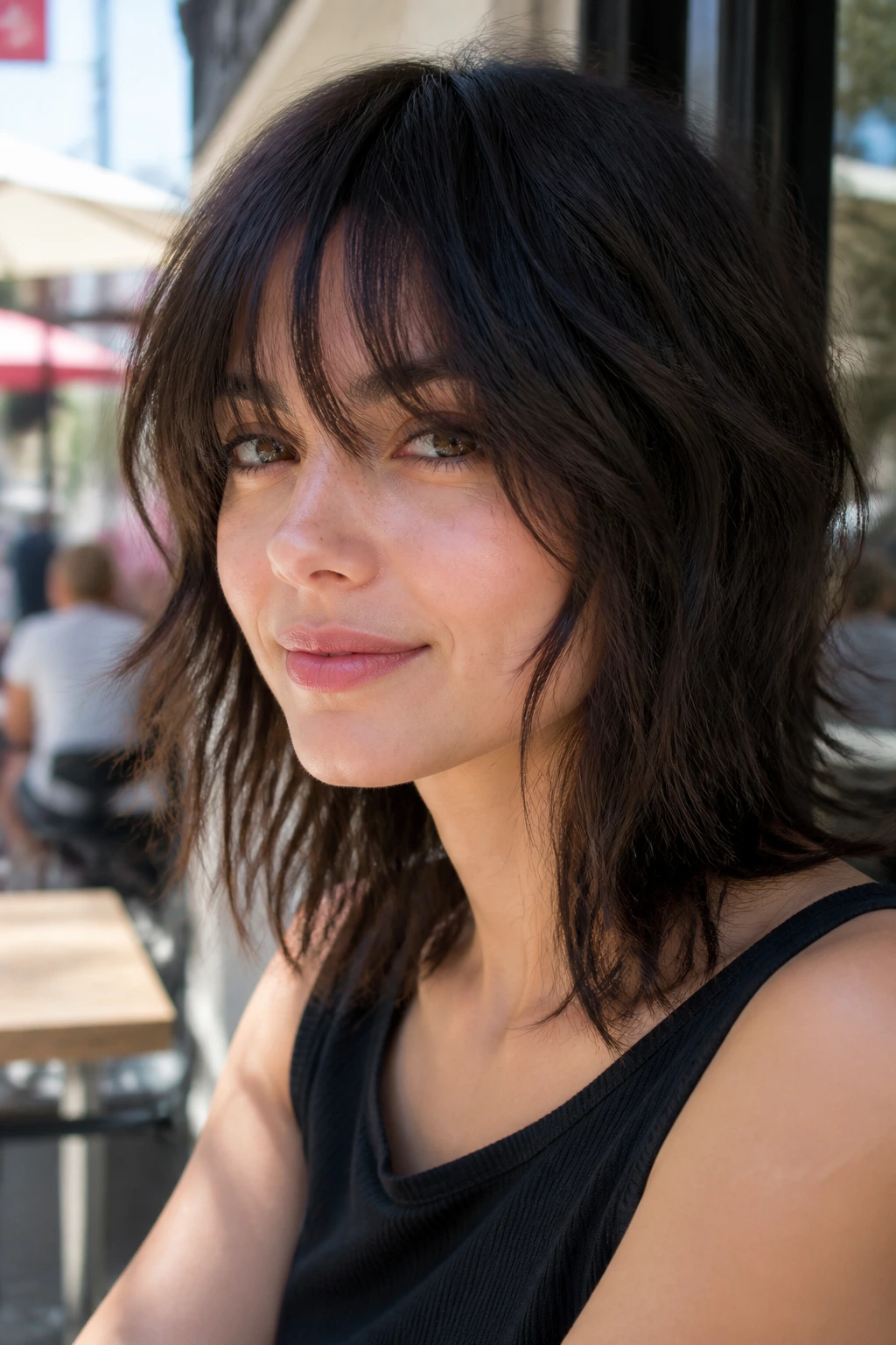 Close-up portrait of a real woman with bottleneck bangs and choppy layers