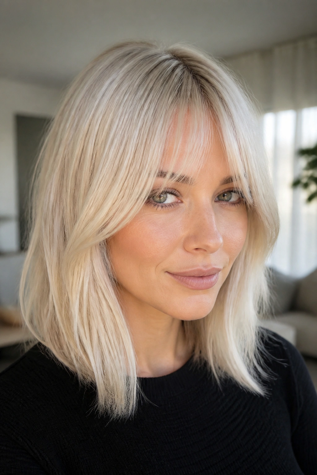 Close-up of a real woman with bottleneck bangs on a platinum blonde lob