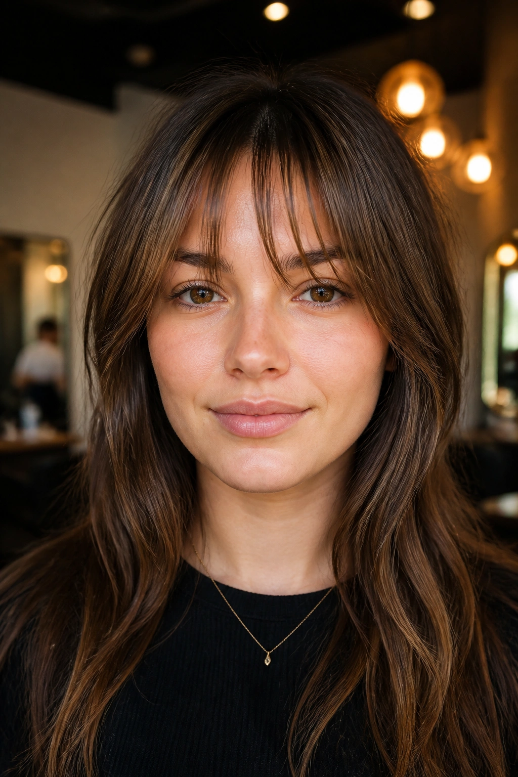 Close-up of bottleneck bangs with tapered ends on a real person