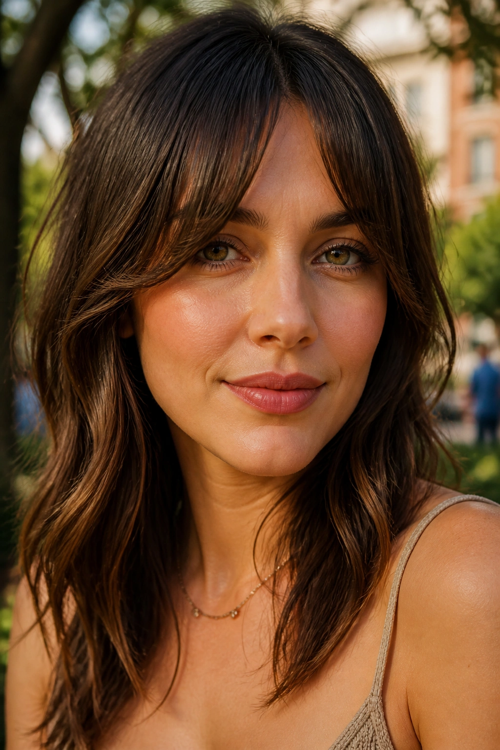 Close-up of a real person with bottleneck bangs slimming the cheeks.