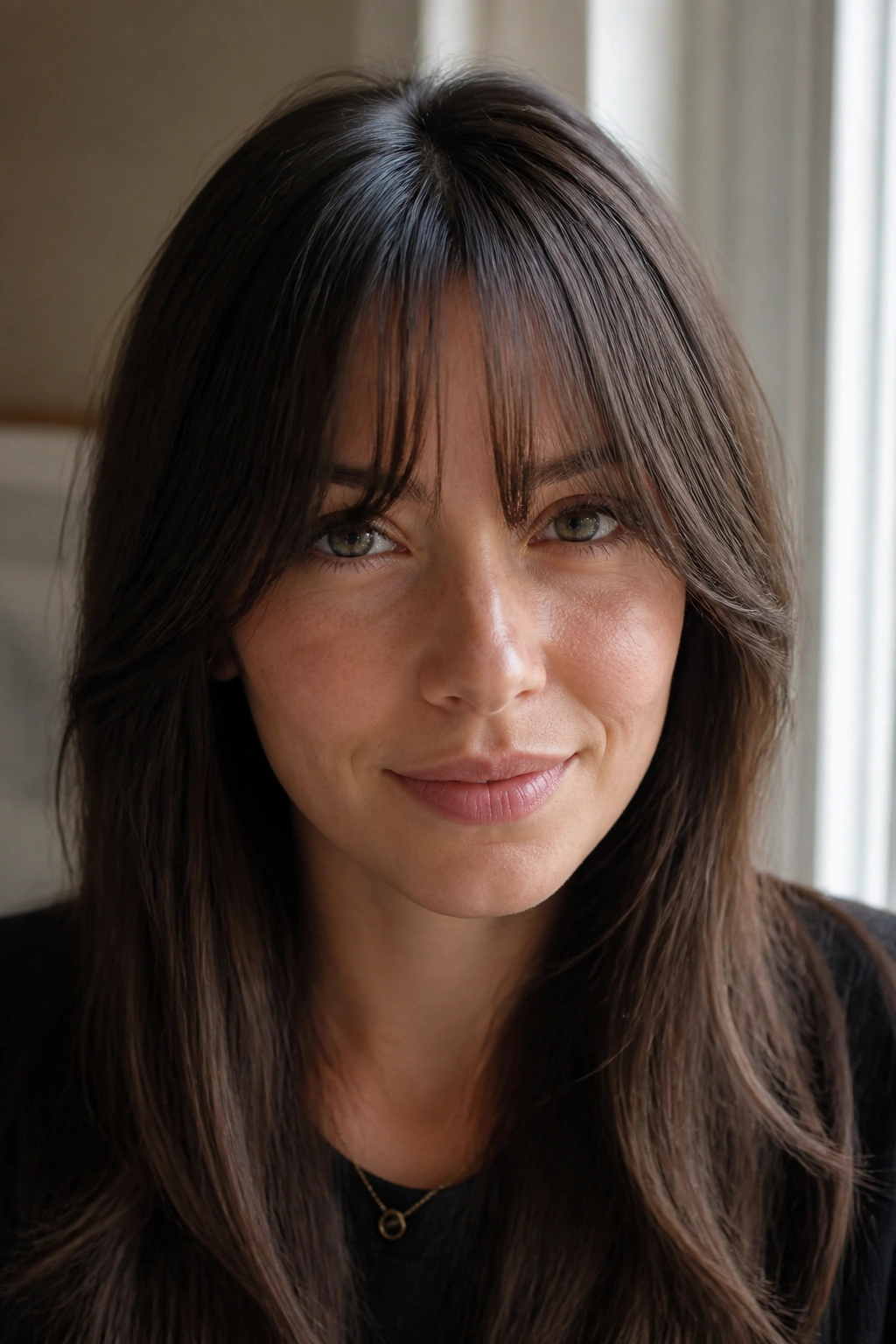 Close-up of a real person wearing bottleneck bangs with narrow center and wider sides