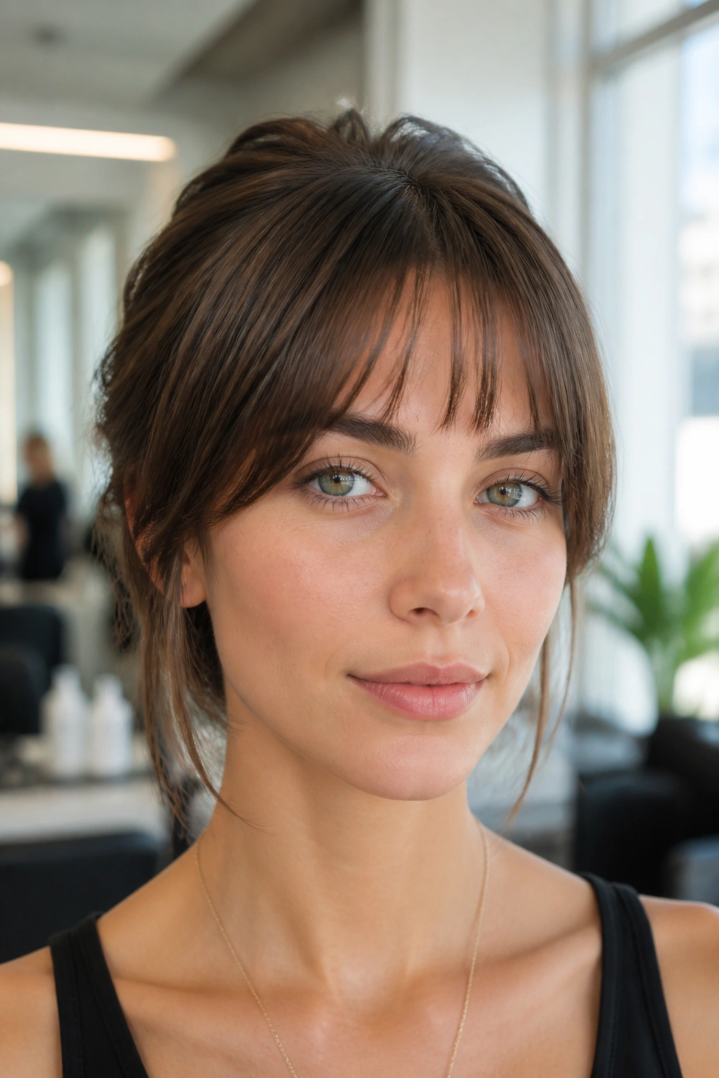Real woman with bottleneck bangs featuring a short center in a bright salon