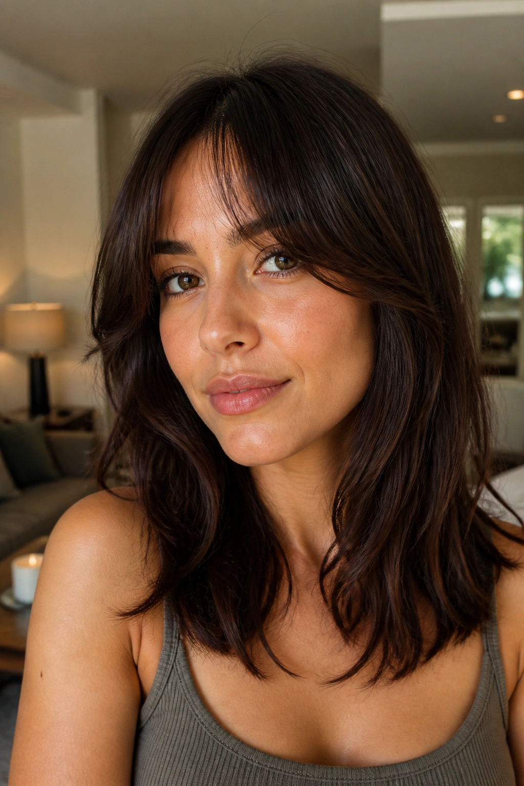 Close-up portrait of a real woman with bottleneck bangs in a warm living room
