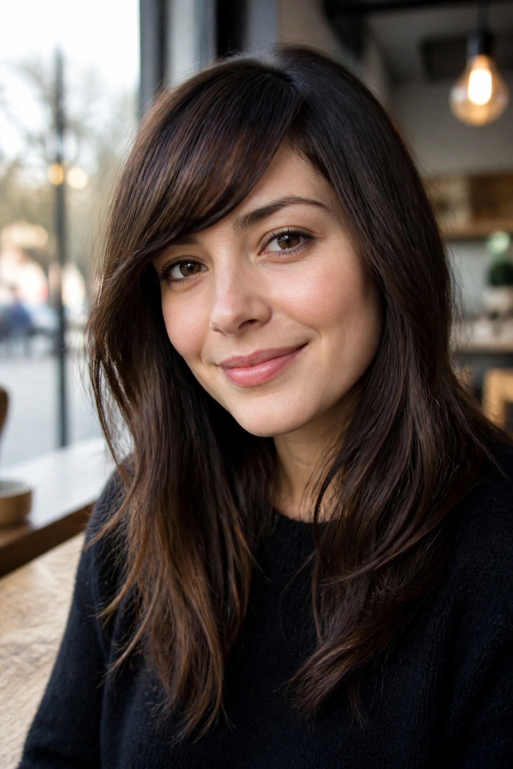 Close-up of a real person with angled bottleneck bangs in a cafe light