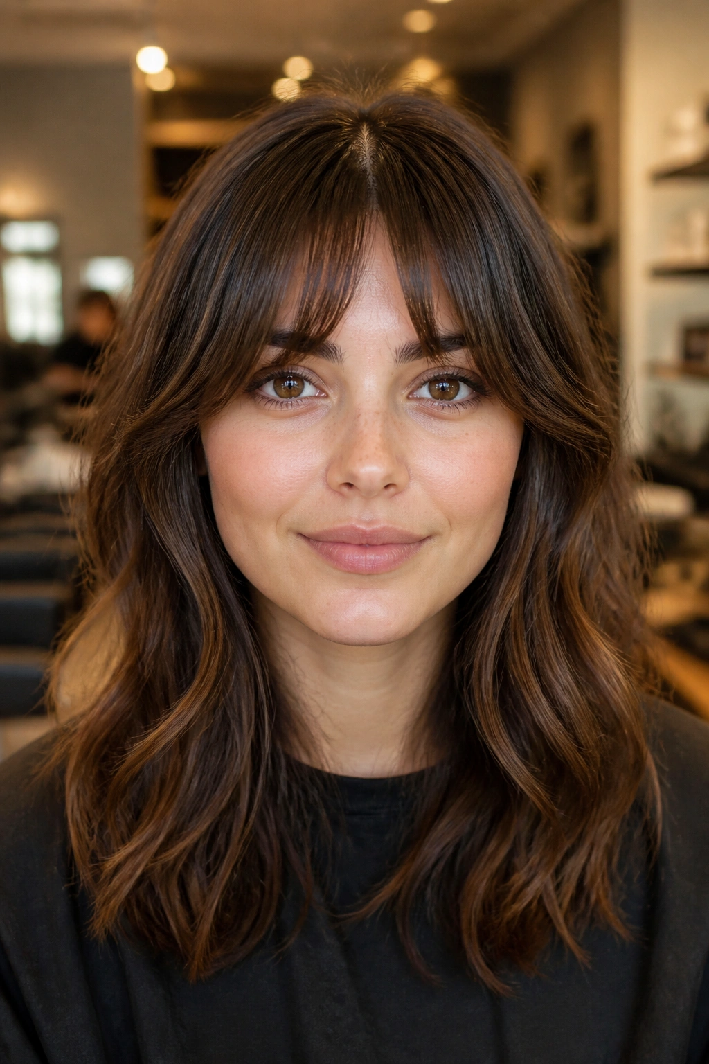 Close-up portrait of a real person with bottleneck bangs framing the face