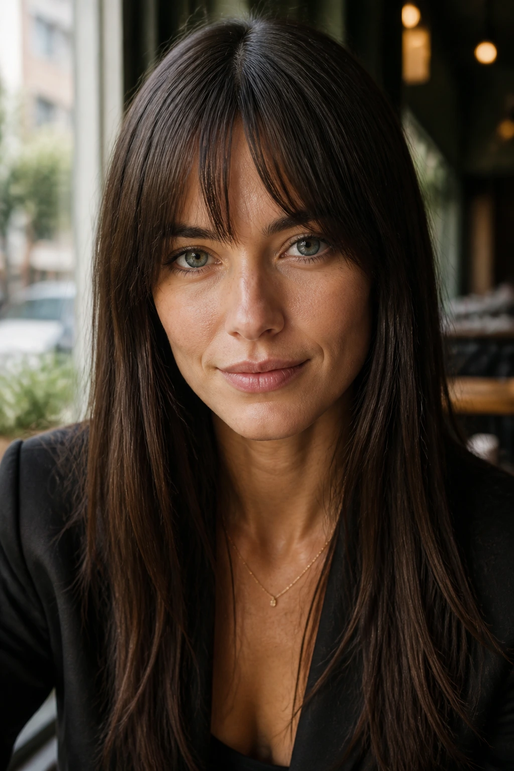 Close-up portrait of a real woman with bottleneck bangs in a cafe window light.
