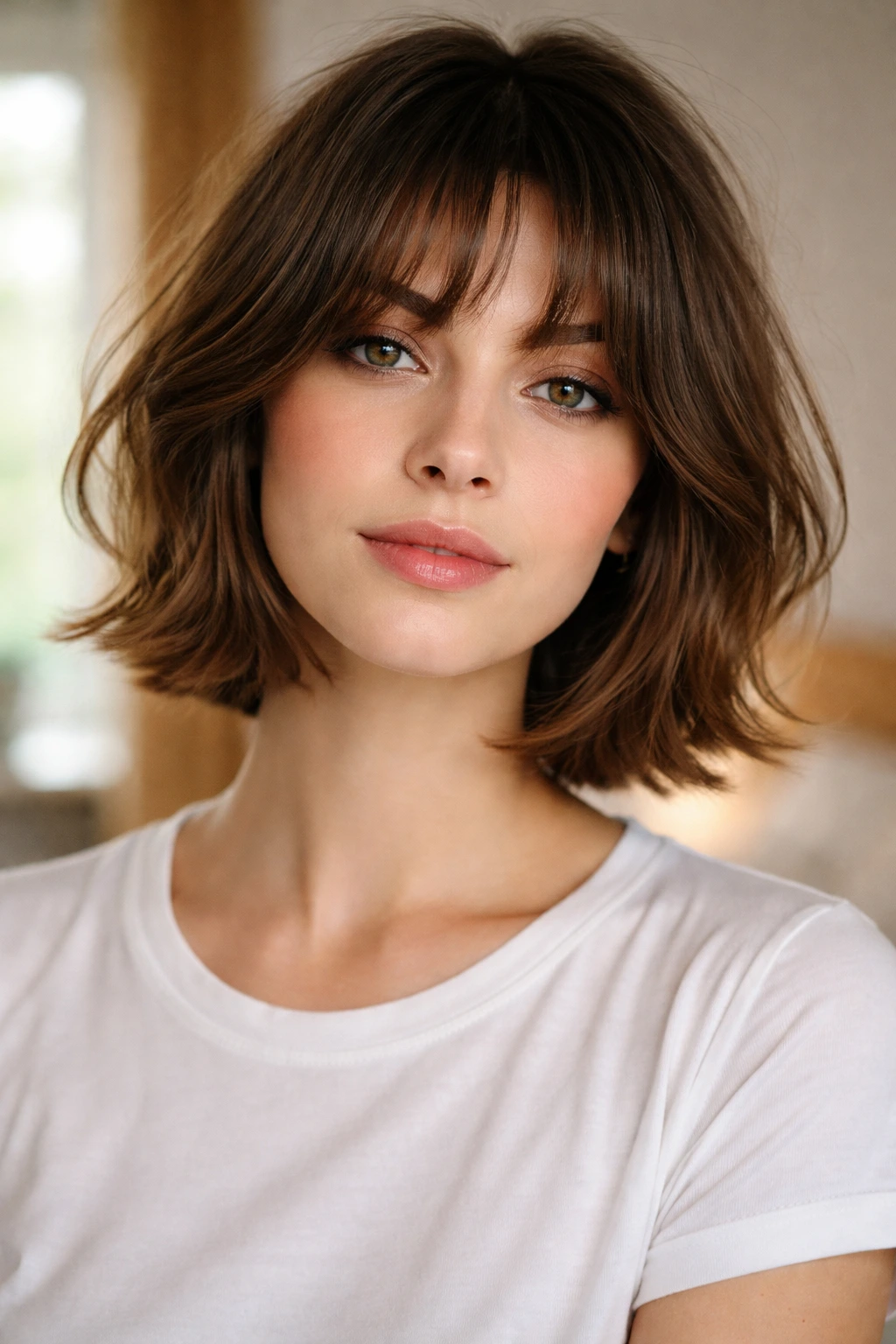 Close-up of a real woman with bottleneck bangs under warm bedroom light