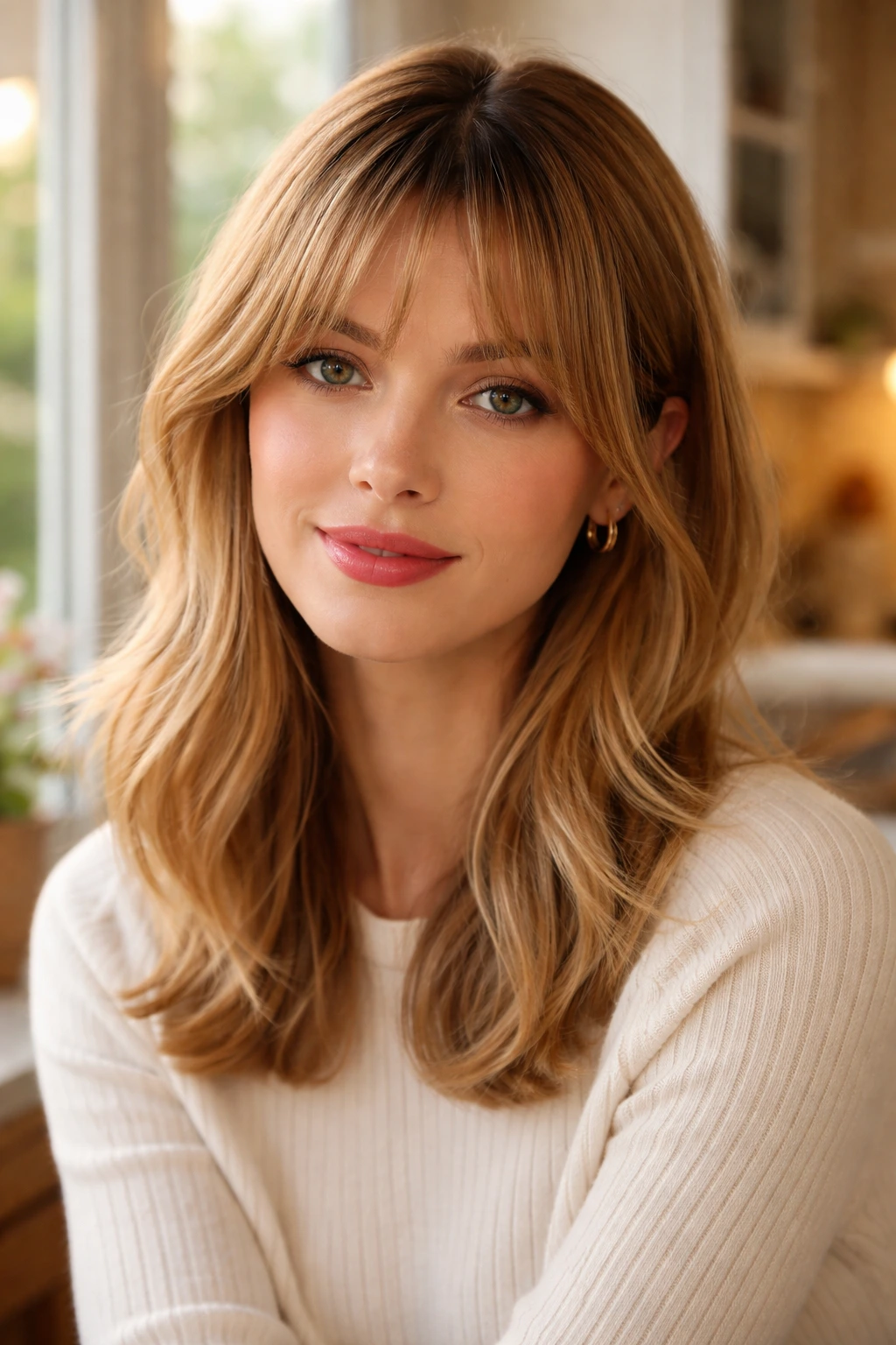 Close-up of bottleneck bangs on a real person in a warm kitchen window light.