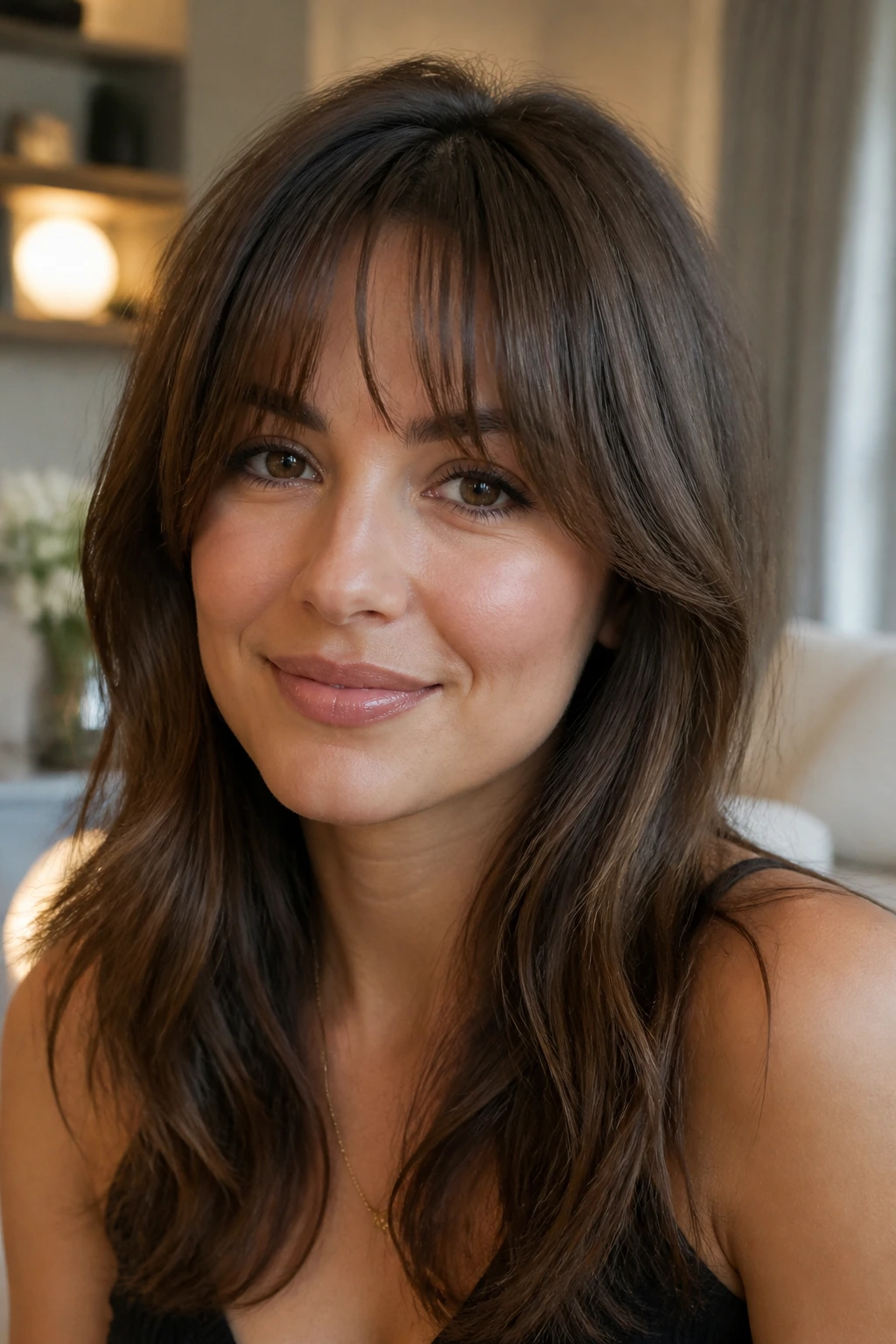 Close-up portrait of a real woman with bottleneck bangs
