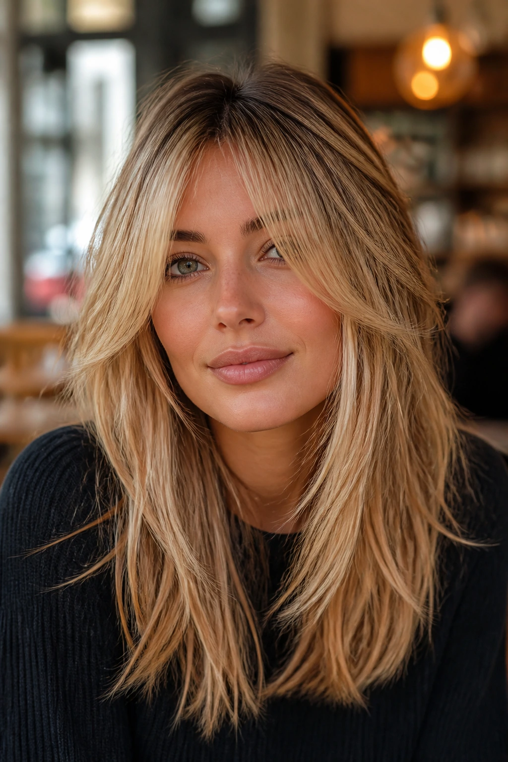 Close-up portrait of a real woman with bottleneck bangs and long face-framing pieces in a cafe