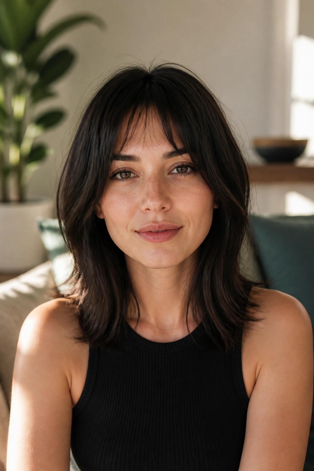 Close-up of bottleneck bangs with a shorter center and longer sides on a real woman.