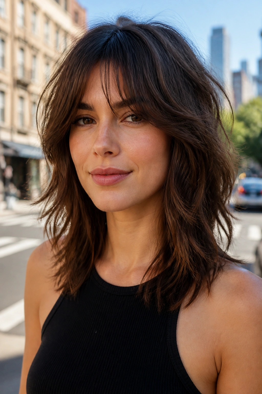 Head-and-shoulders portrait of a real person with bottleneck bangs in soft outdoor light