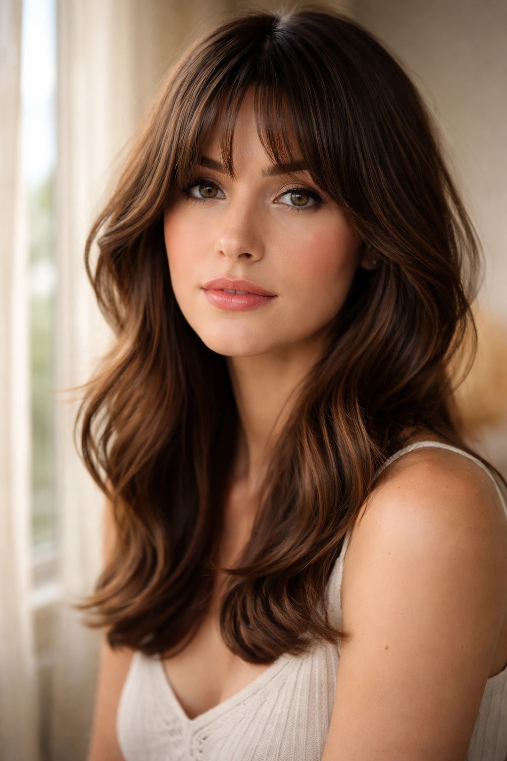 Close-up of a real woman with bottleneck bangs in warm natural light