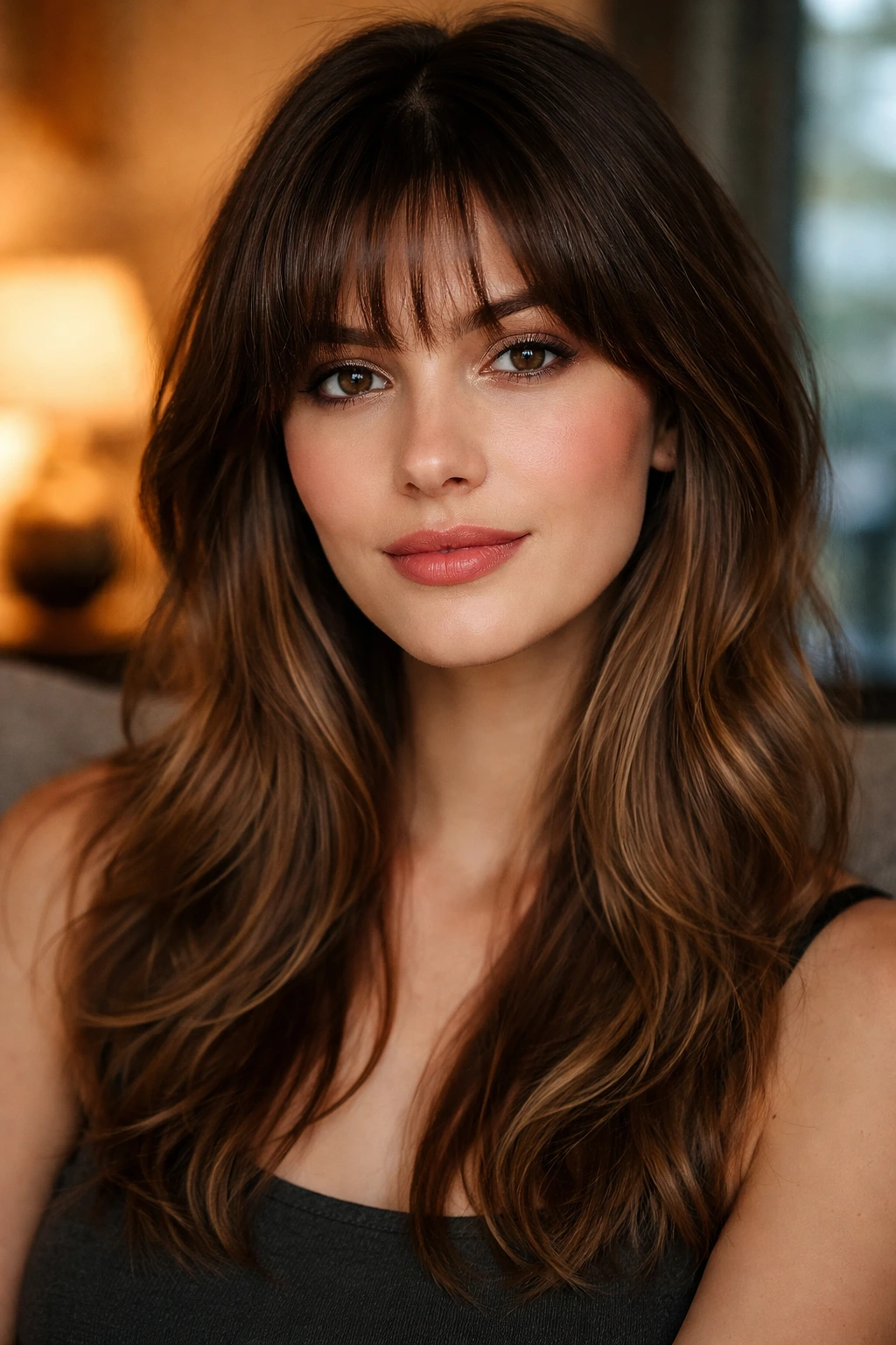 Close-up of a real person with bottleneck bangs in a warm living room