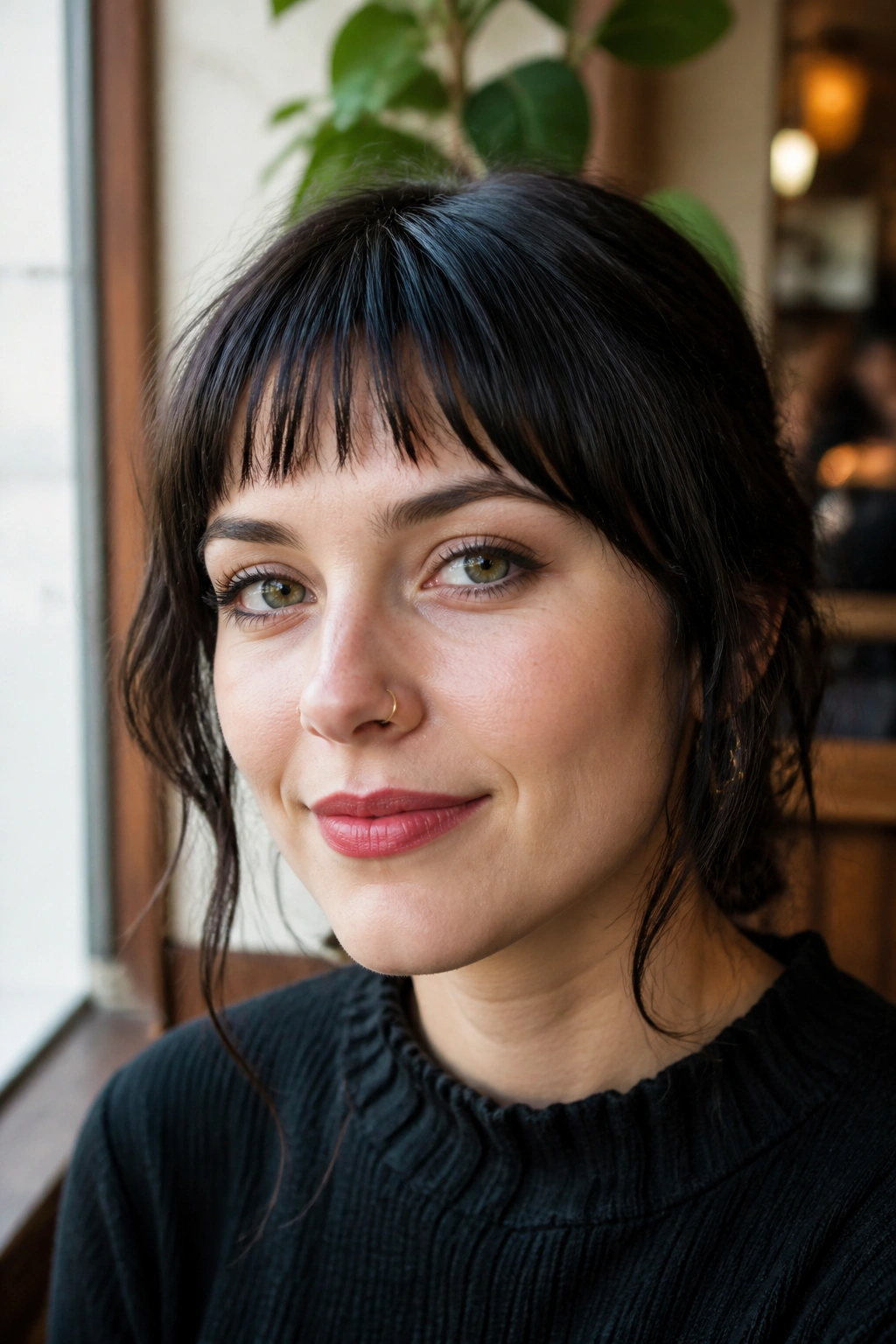 Close-up portrait of a real woman with bottleneck micro bangs, fringe narrow at center and widening toward temples.