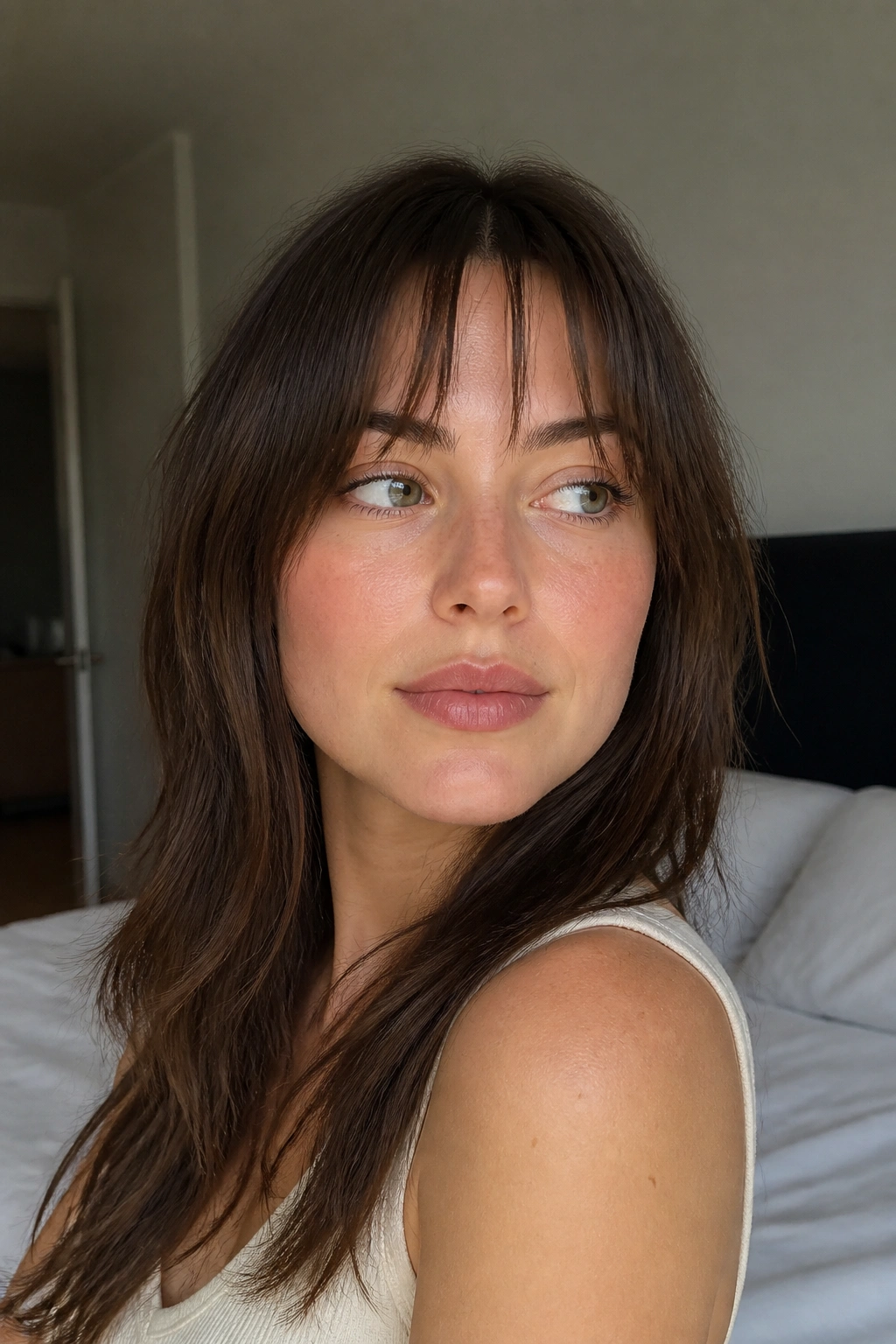Close-up of a real woman with bottleneck bangs and ragged ends in natural morning light