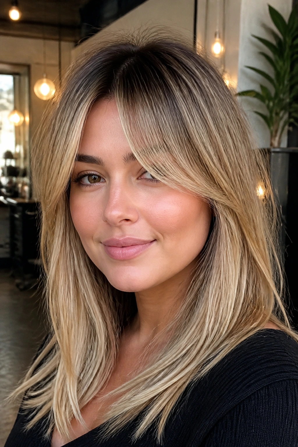 Close-up portrait of a real woman with bottleneck bangs and root-shadow blonde