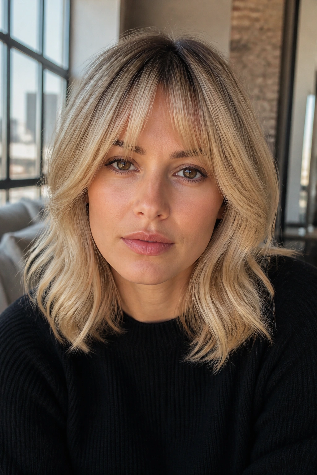 Close-up portrait of a real woman with bottleneck bangs in rooted blonde.