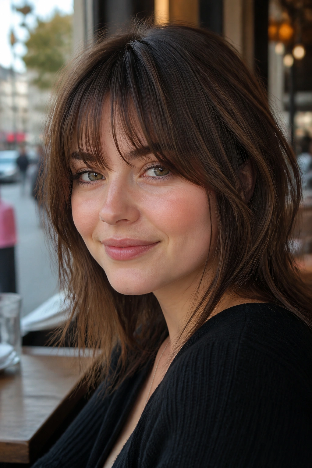 Close-up of piecey bottleneck bangs on a real woman with round face