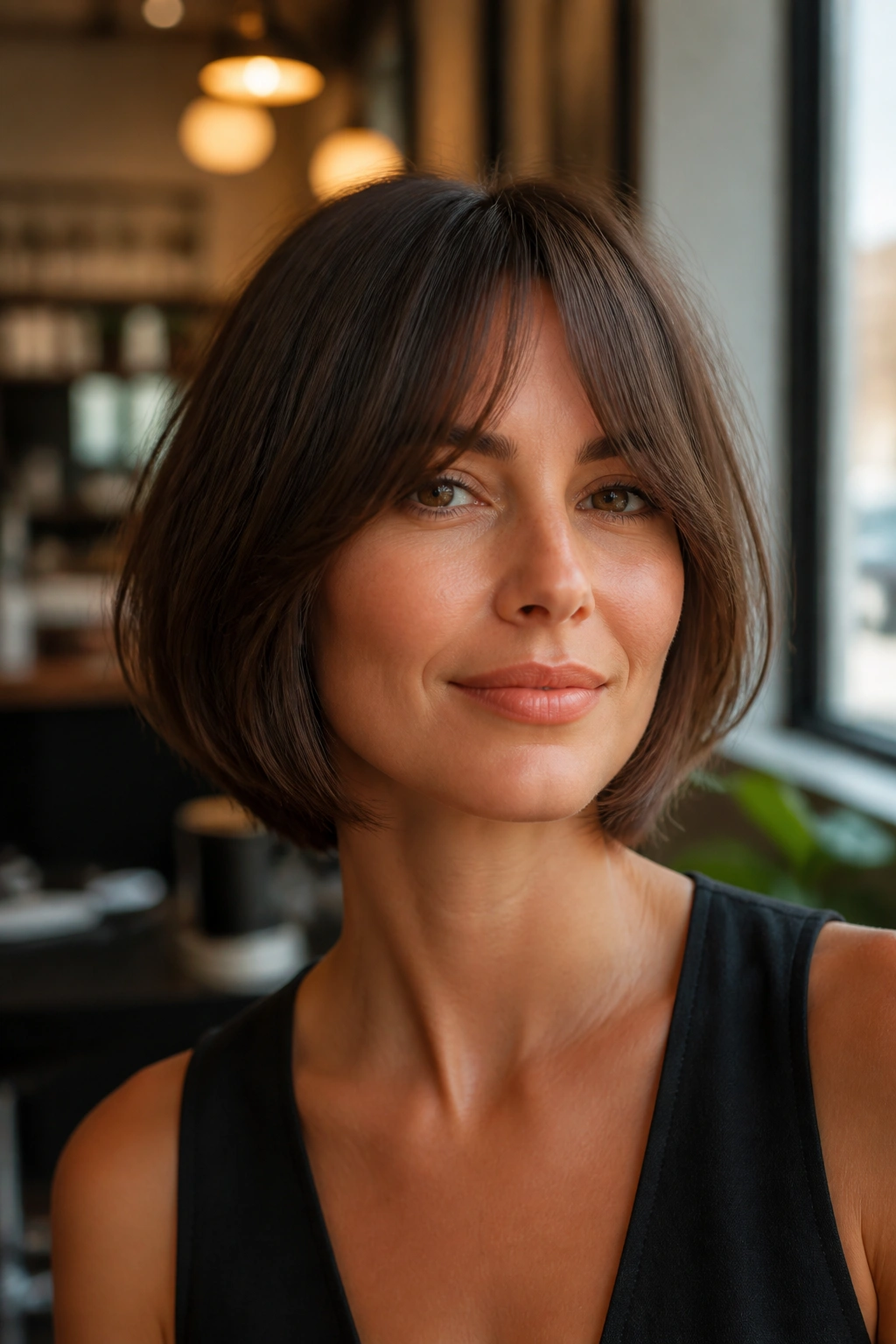 Portrait of a real woman with bottleneck bangs blending into a rounded bob.