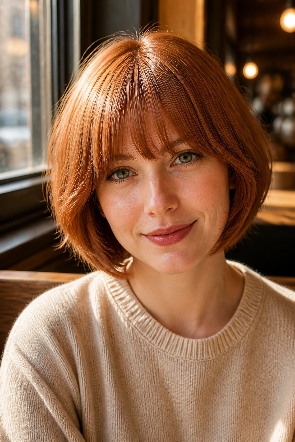 Portrait of a woman with rounded strawberry bob and bottleneck bangs.