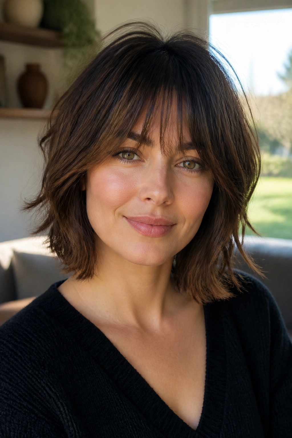Close-up portrait of a real woman with bottleneck bangs around the eyebrow zone.