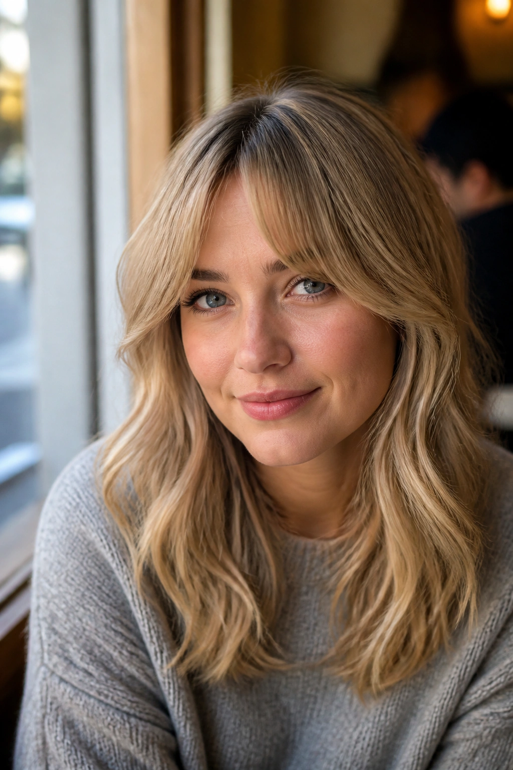 Close-up of a real woman with bottleneck bangs and sandy blonde waves