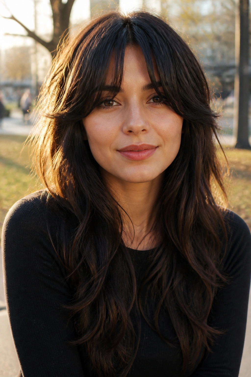 Close-up portrait of a real woman with bottleneck bangs and long shag.