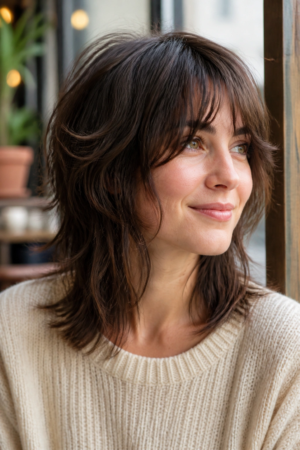 Close-up of a real person with bottleneck bangs and shag layers in cafe light