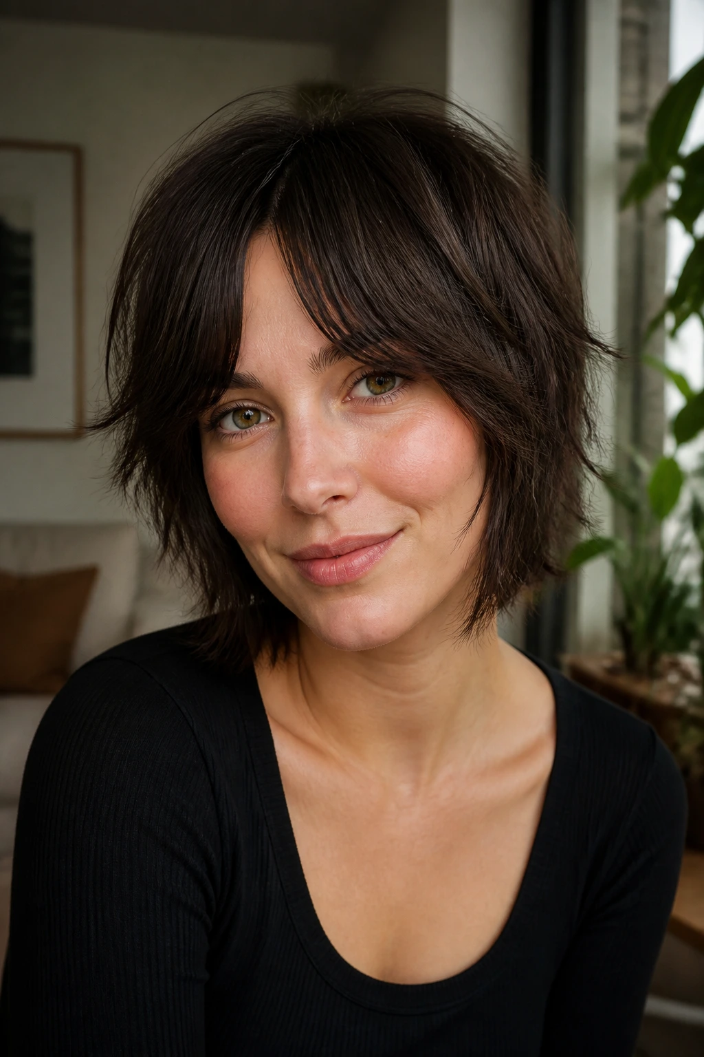 Portrait of a woman with bottleneck bangs and shag layers