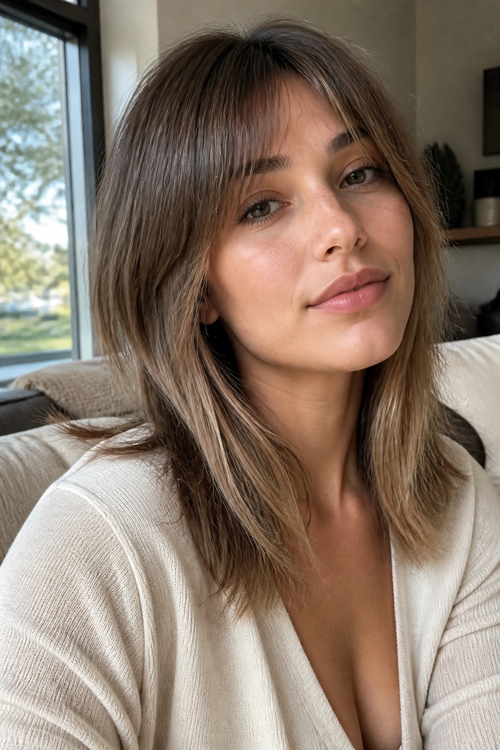 Real person with bottleneck bangs on straight fine hair