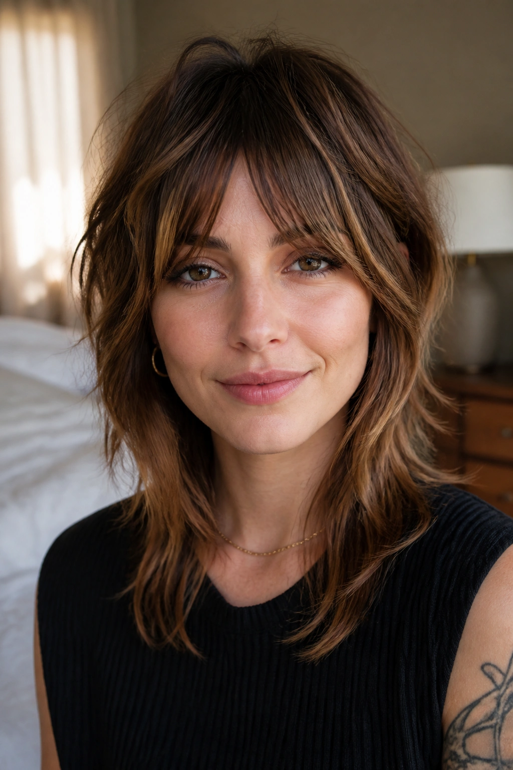 Close-up of real woman with bottleneck bangs in soft bedroom light
