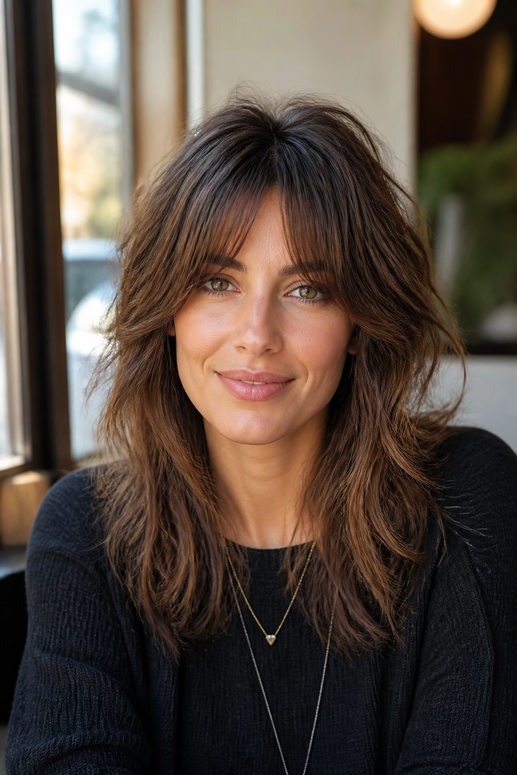 Real woman with bottleneck bangs shag hairstyle, fringe narrows at center
