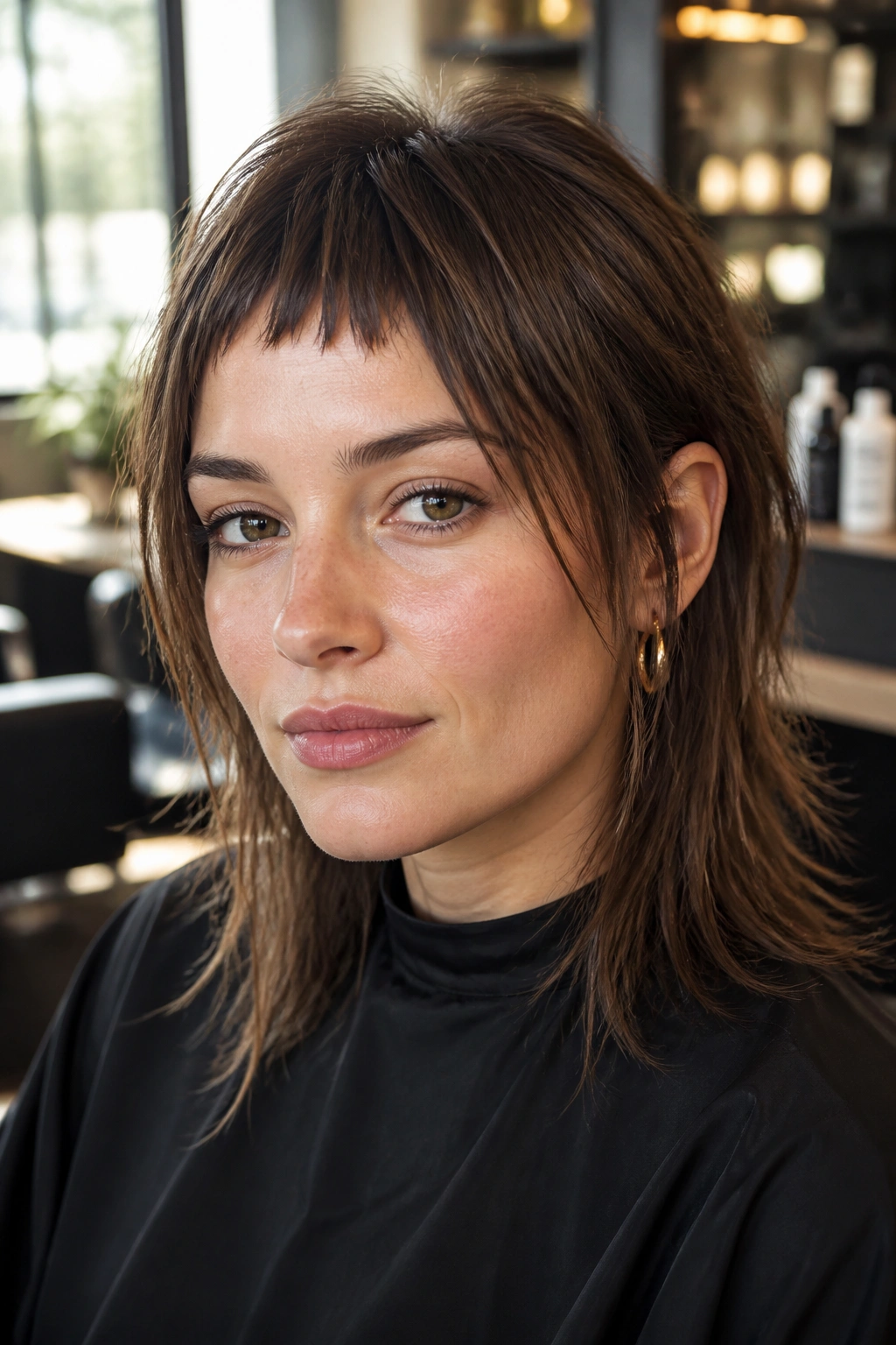Close-up of a real woman wearing bottleneck bangs in a sunlit setting