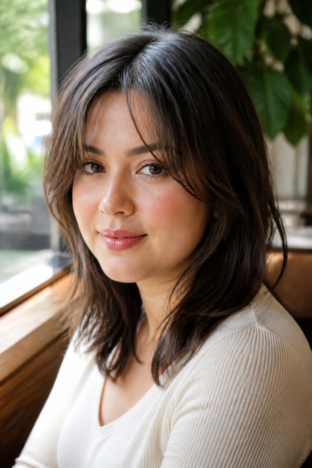 Portrait of a woman with shoulder-grazing cut and bottleneck bangs, seated in a sunlit cafe.