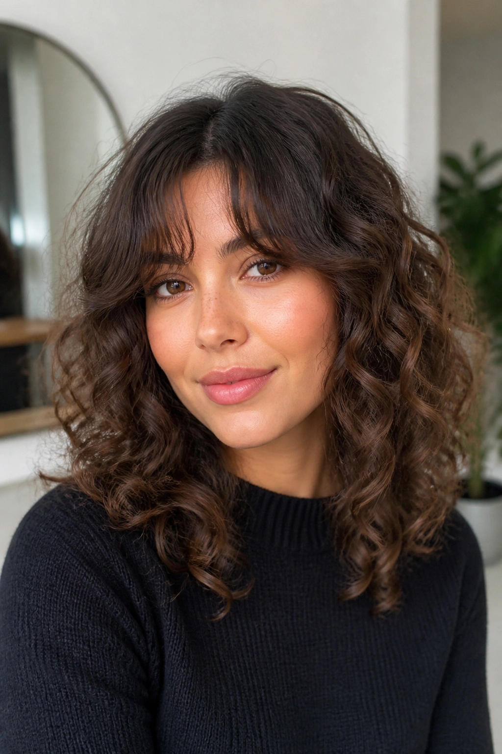 Close-up of a real person with Bottleneck bangs and shoulder-length cut