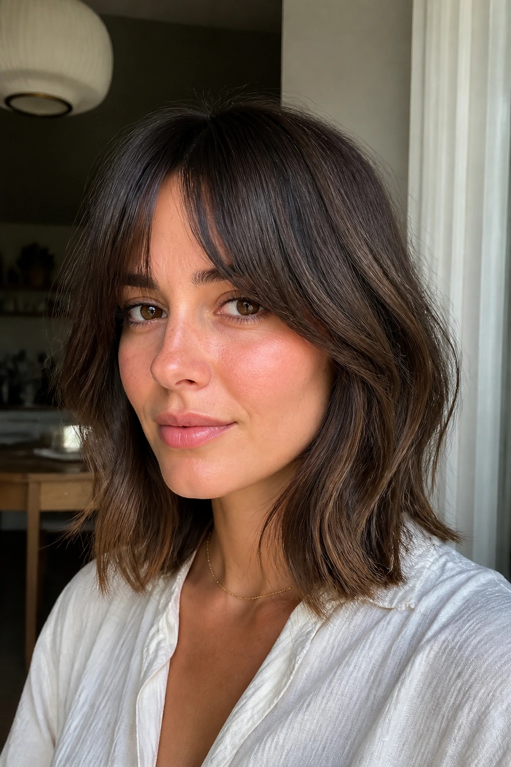 Real person with airy shoulder-length cut and bottleneck bangs