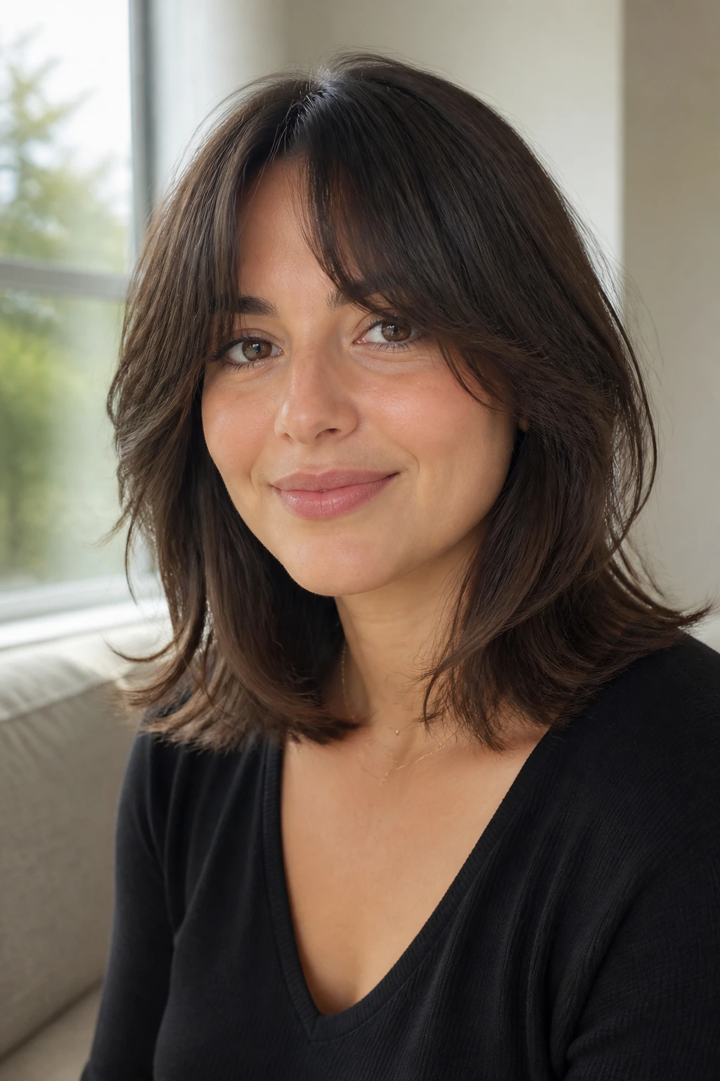 Real woman with bottleneck bangs and shoulder-length layers