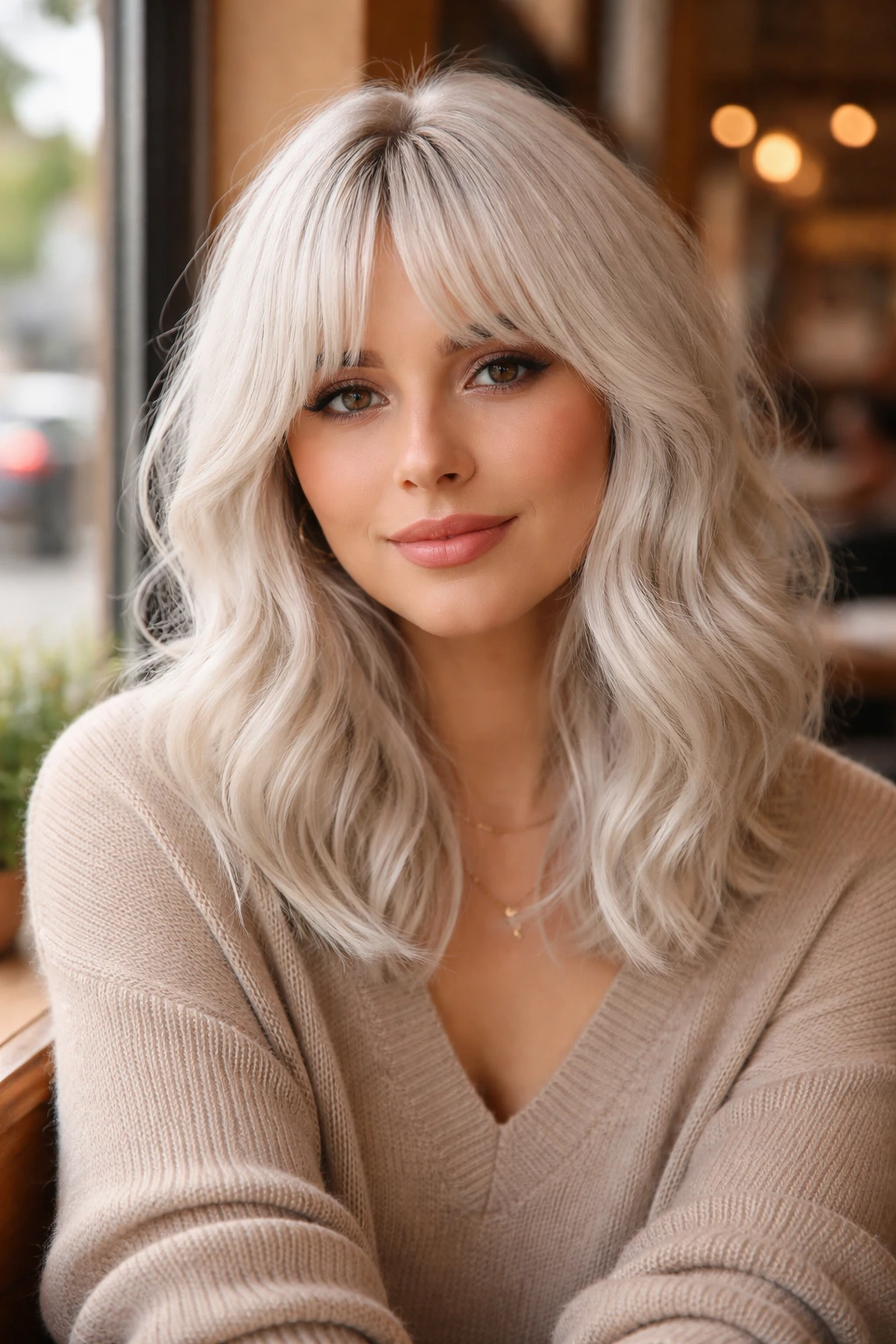 Portrait of a real person with bottleneck bangs and shoulder-length waves in a cafe
