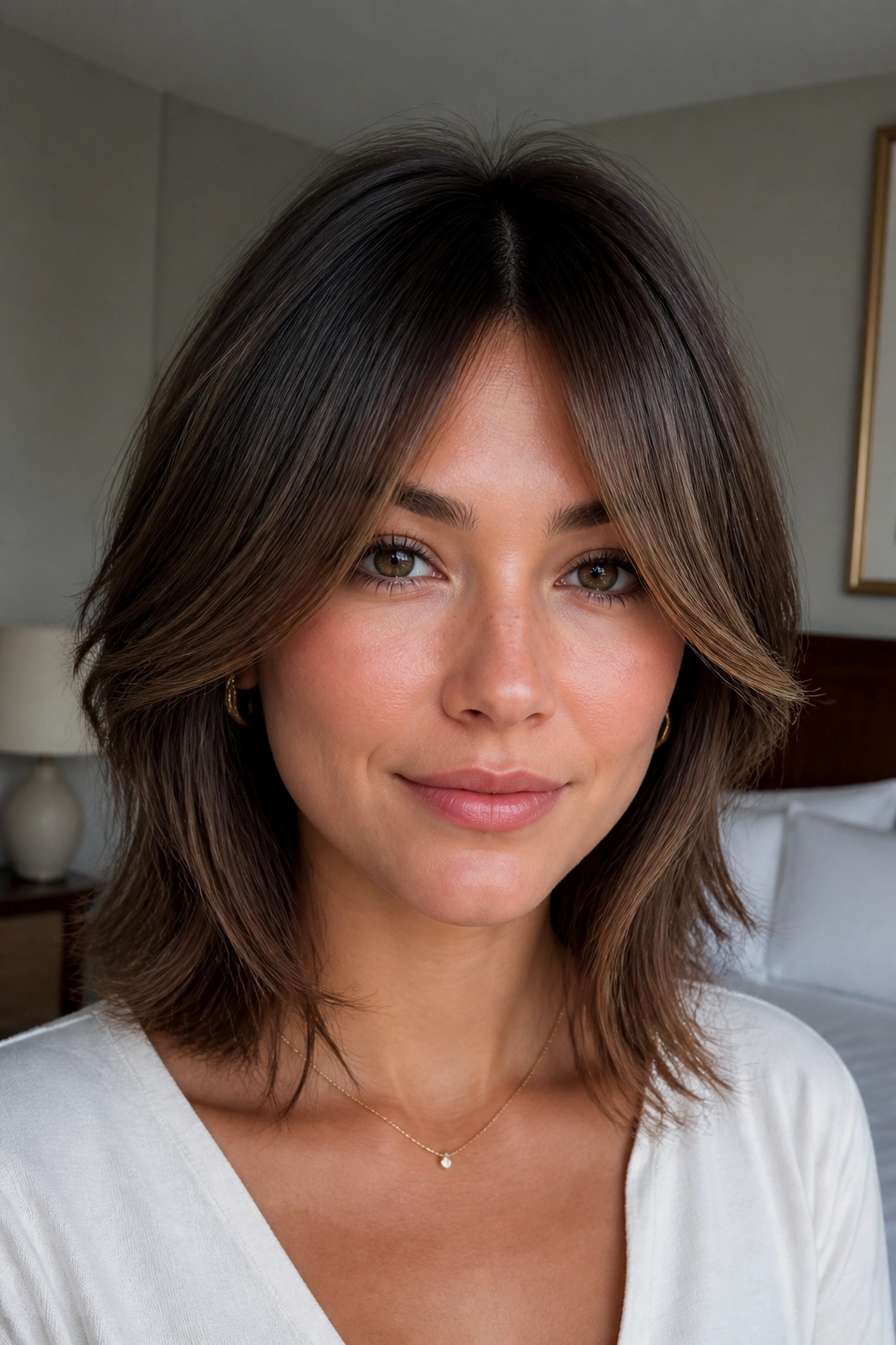 Real-woman close-up with bottleneck bangs featuring narrow center and widening sides