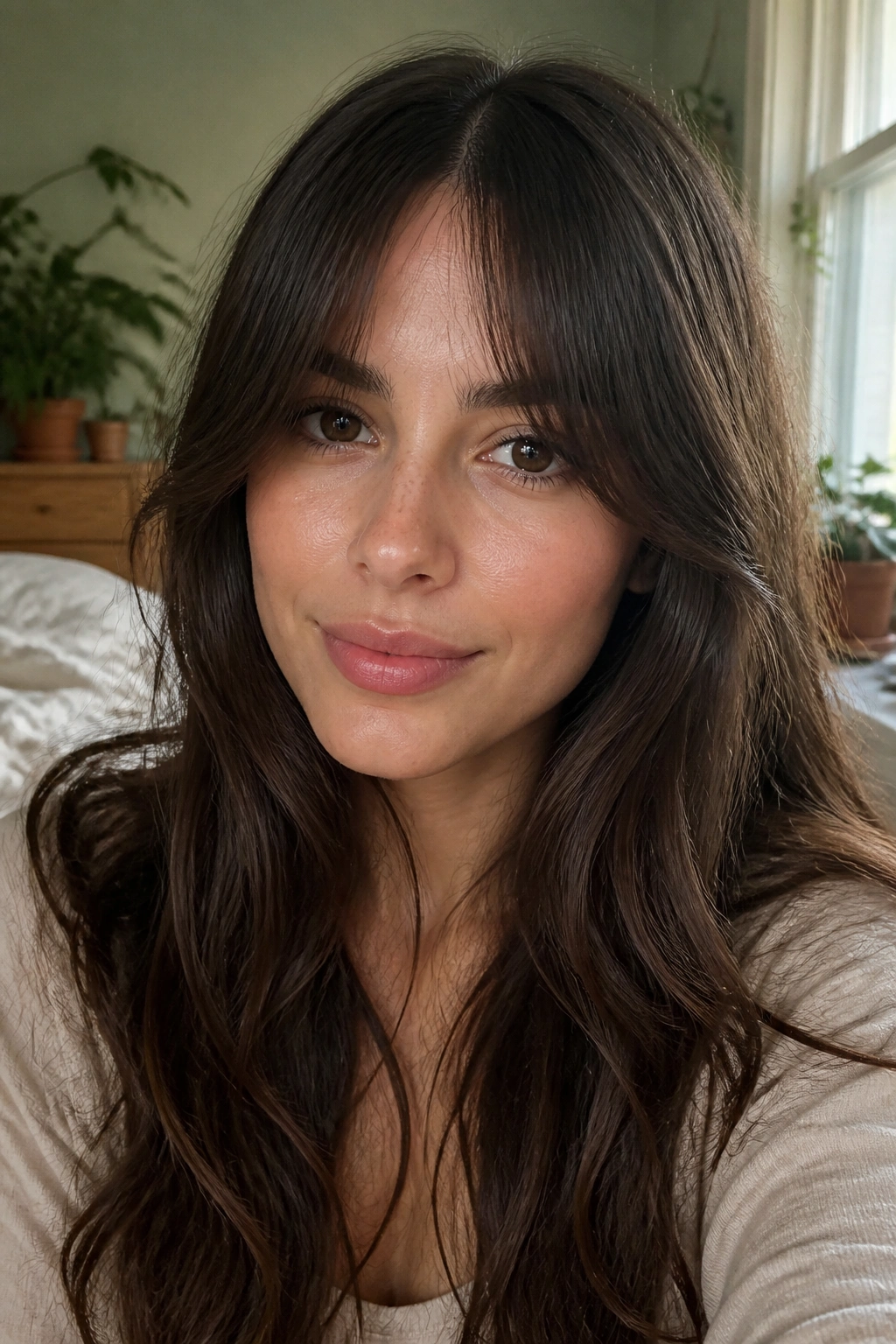 Real woman wearing bottleneck bangs with soft edges in a cozy bedroom.