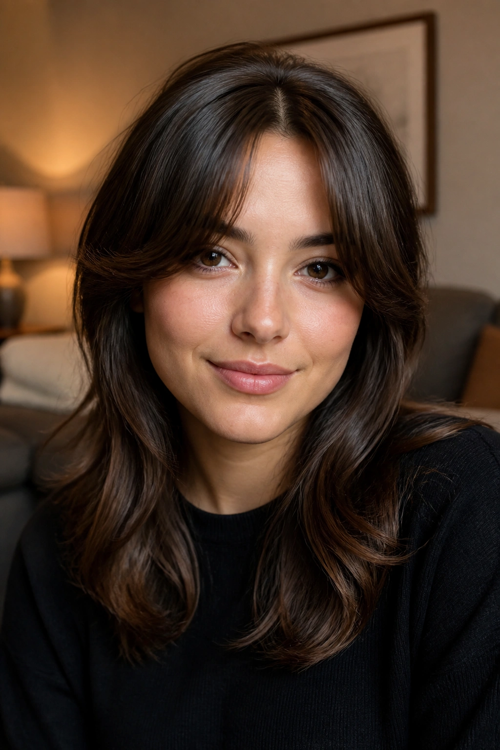 Real woman with bottleneck bangs and soft center gap in a cozy living room