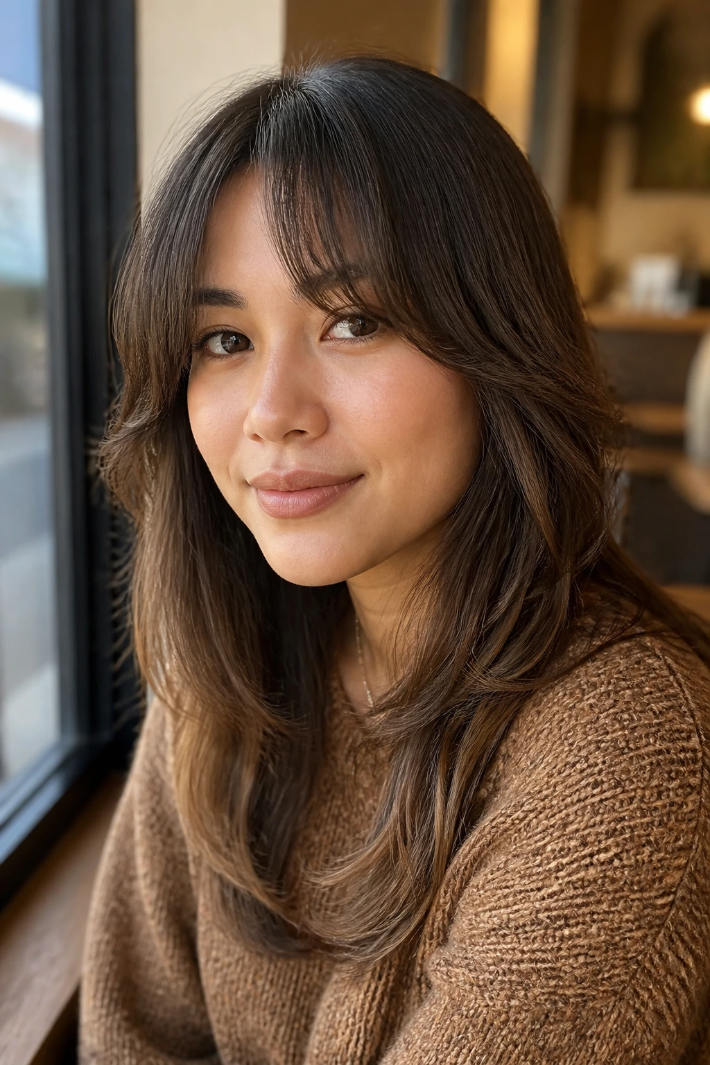 Close-up portrait of a real woman with bottleneck bangs and soft layers