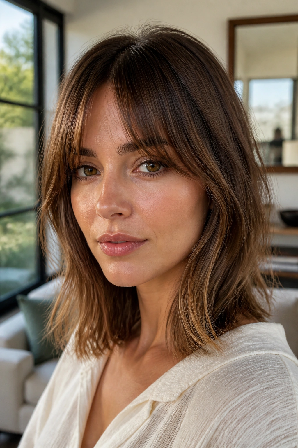Real woman close-up showing bottleneck bangs and a soft lob haircut